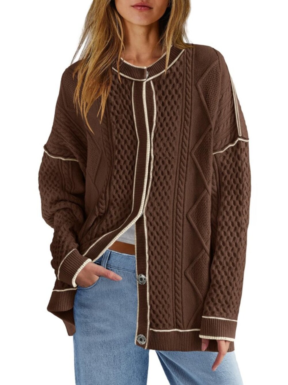 Womens Cable Knit Oversized Cardigans Button Up Striped Sweater Jackets Fall